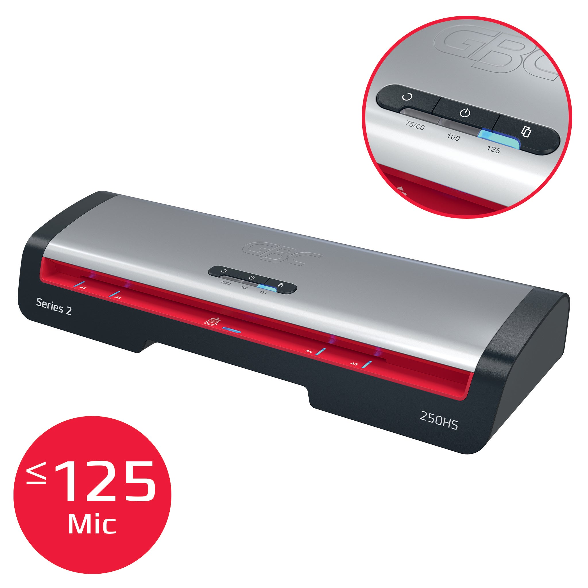 GBC 250HS Laminiergerät A3 – 2-Rollen, 250 µm, Aufheizzeit 1 Min., 500 mm/min, Schwarz/Silber/Rot