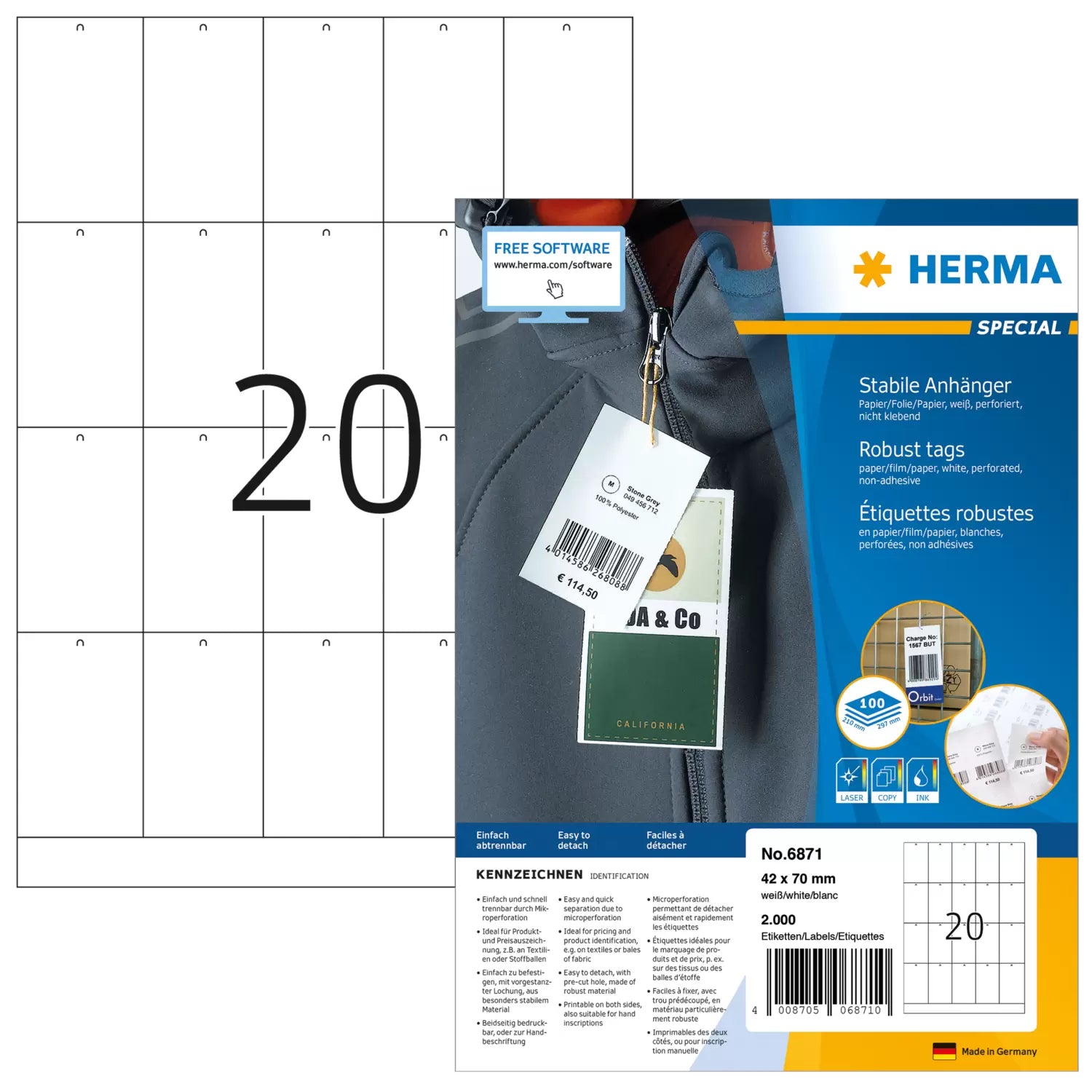 HERMA Schmucketiketten – Papier, 42 × 70 mm, 2000 Stk, 100 Bogen
