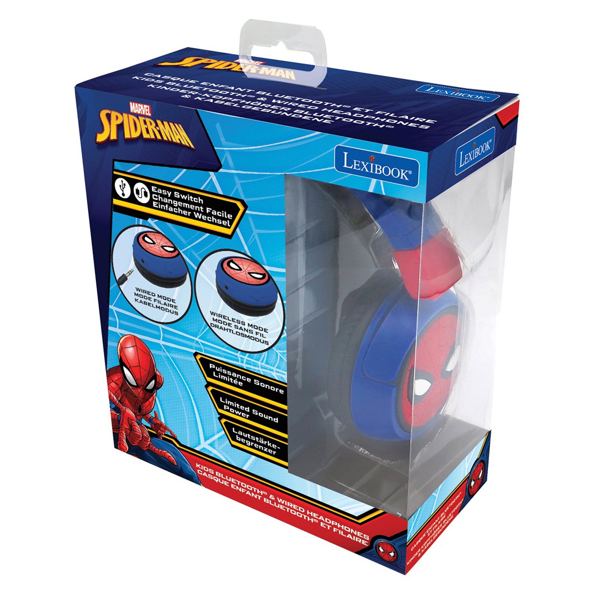 Lexibook HPBT010SP Spider-Man Kinderkopfhörer – On-Ear, Stereo, Kabel + BT, 85 dB Lautstärke-Limit, Blau
