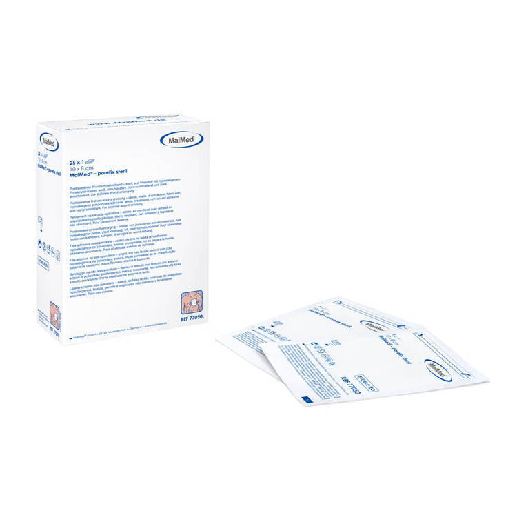MaiMed Kompressen Porefix – 100 × 80 mm, 25 Stück, steril, weiss, inkl. Dispenser