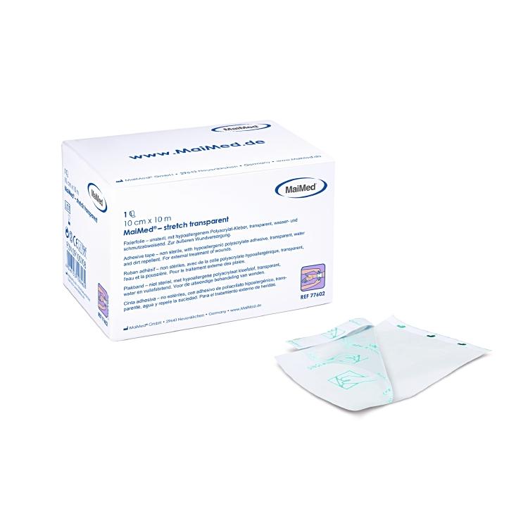 MaiMed Fixierbinde Stretchfolie – 100 mm × 10 m, Polyurethan, hypoallergen, Pack à 1 Stück