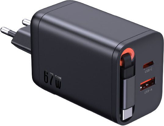 M. Schönenberger Schönenberger 24.11067SZ USB-Ladegerät 67 W – USB-C×2 – PD 3.0, GaN – Integriertes 0,7 m USB-C-Kabel – Schwarz