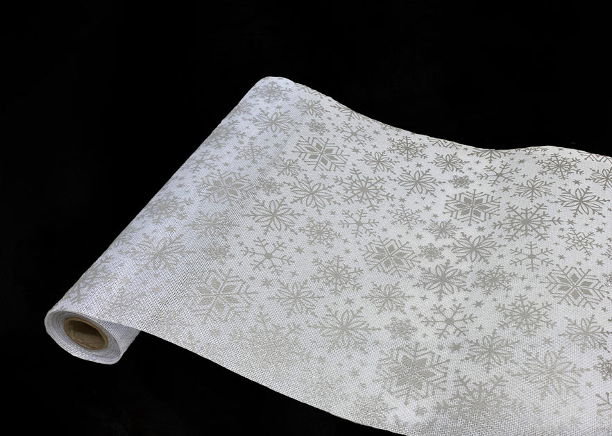 Dameco Schneeflocken-Dekostoff – 36 × 300 cm – Polyester, weiss