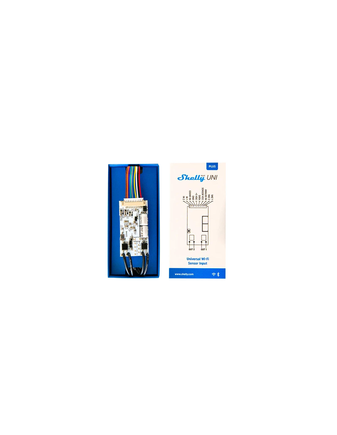 Shelly Plus Uni – Zubehör – I/O-Modul (Niederspannung), WLAN, Bluetooth, 2,4 GHz, 1 W, 70×70×45 mm
