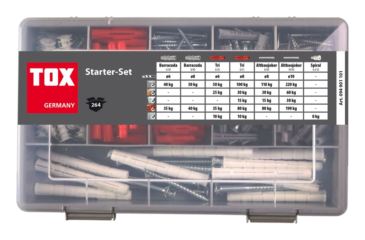 TOX Dübel TOX Starter-Set Dübel – Ø 5 × 25 mm, Rund, 264 Stk., für Beton, Sandstein, Vollziegel (Auszug)