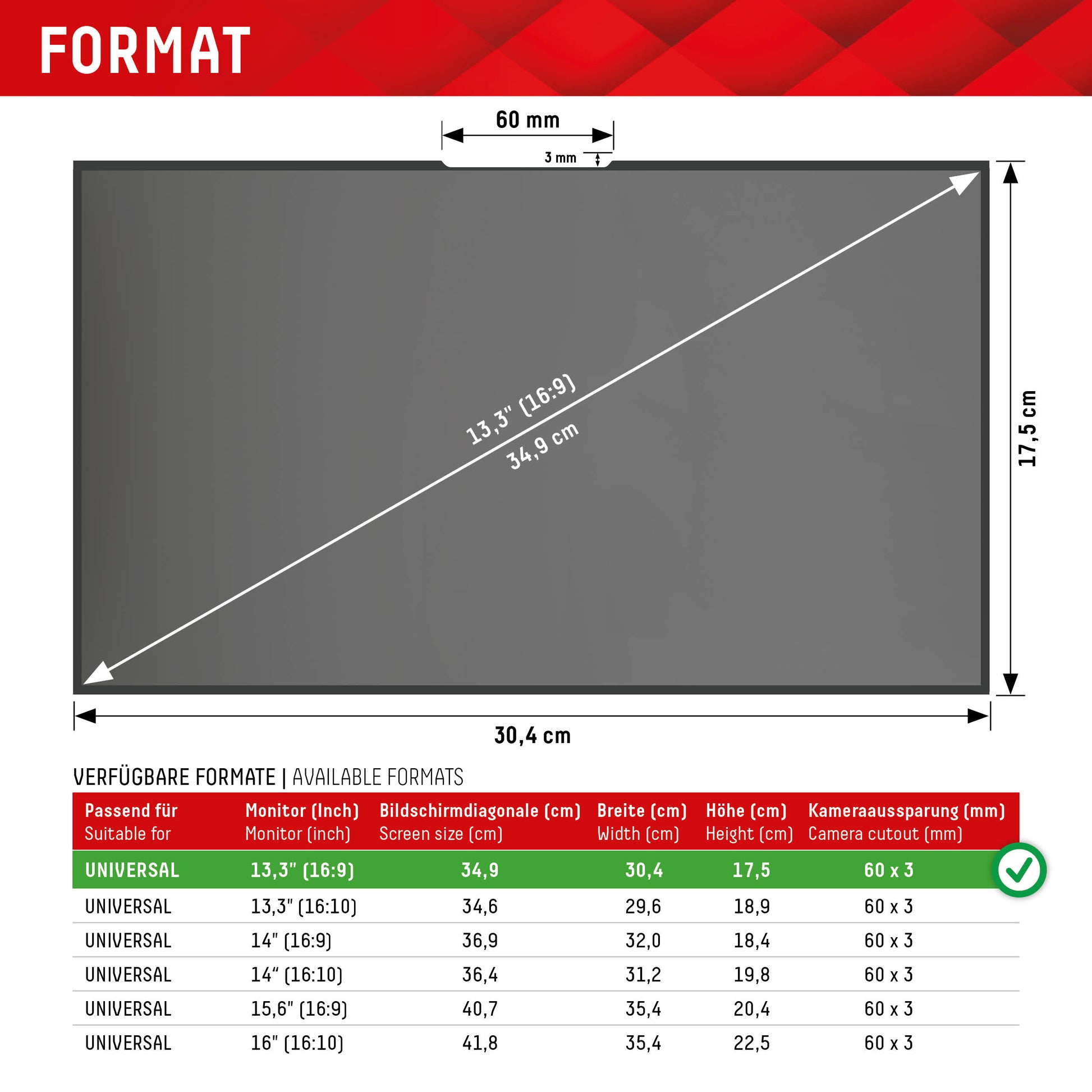 Displex Magnetischer Blickschutzfilter für Laptop 13,3", 16:9 – 300 × 176 mm, rahmenlos