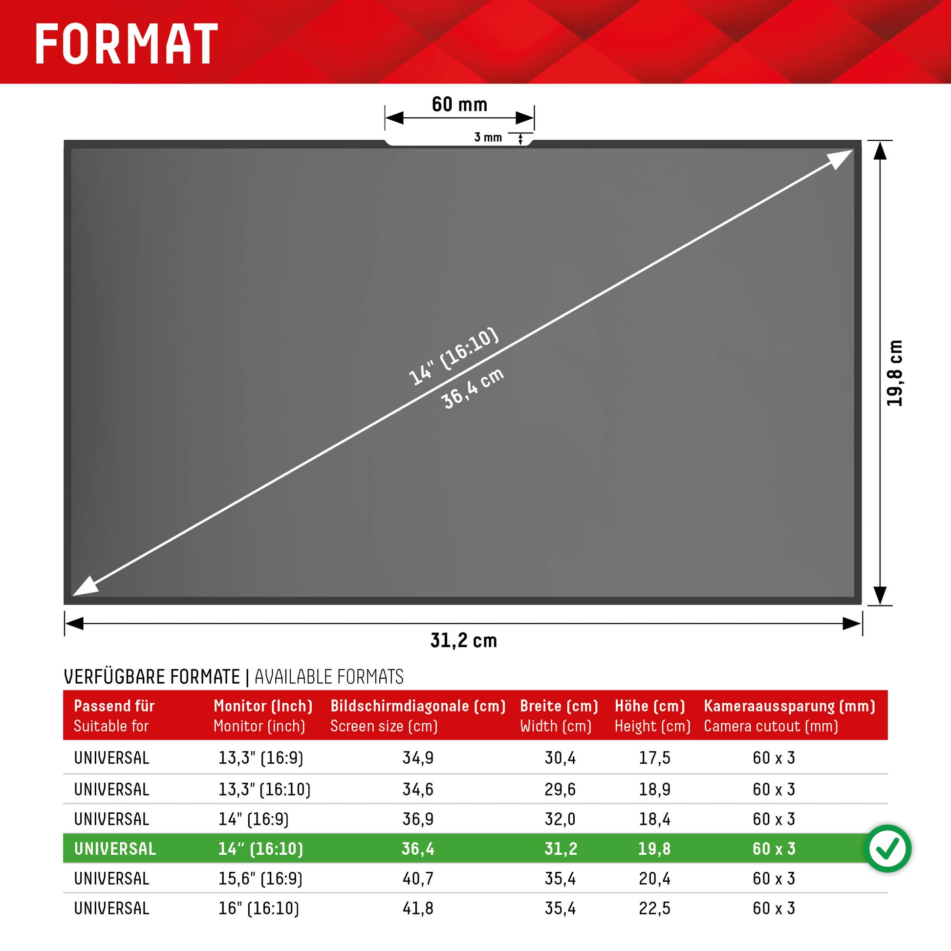 Displex Magnetischer Blickschutzfilter für Laptop 14", 16:10 – 312 × 198 mm, 2-Wege, rahmenlos