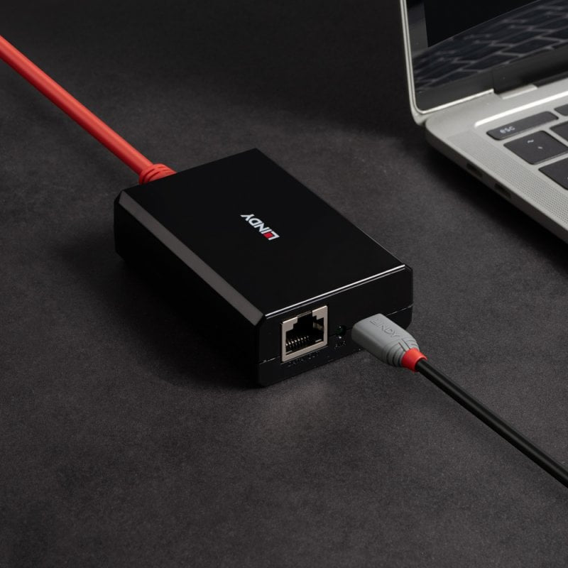 Lindy 73474 PoE zu USB-C Splitter – Gigabit, 1× USB-C (PD), 2× RJ-45 (1 In/1 Out), Schwarz