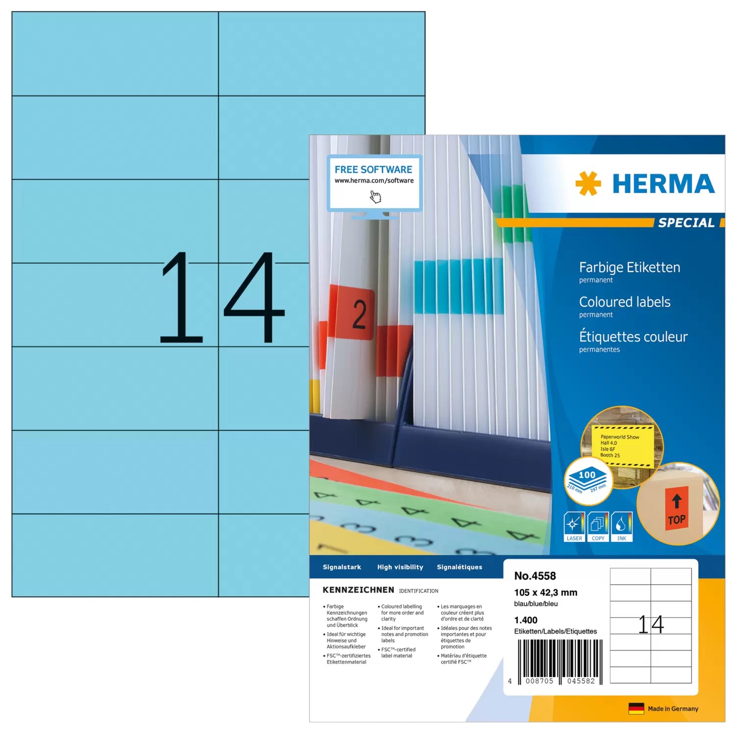 HERMA 4558 – Etiketten A4 105 × 42,3 mm – Papier, blau – permanent haftend – Laser/Inkjet
