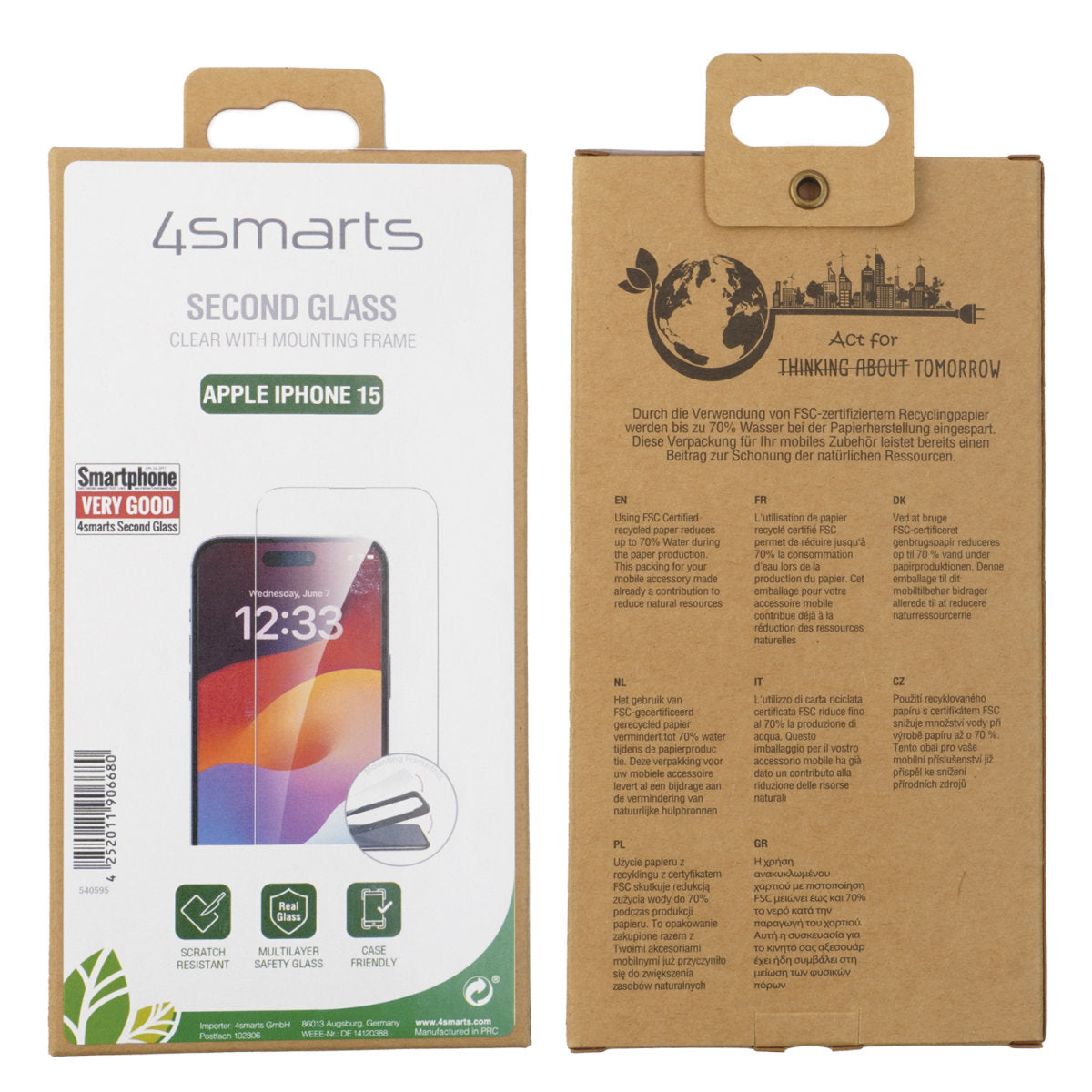 4smarts Displayschutz (Panzerglas), 9H – für iPhone 15 – mit Applikator