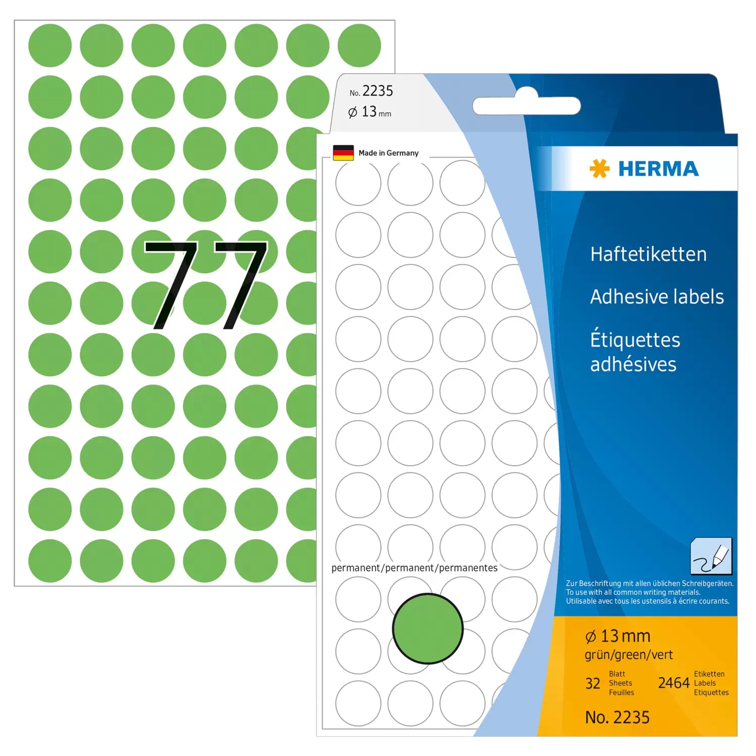 HERMA Haftetiketten – rund Ø 13 mm, permanent, grün, 111 × 170 mm, 32 Blätter (2'464 Stk.)