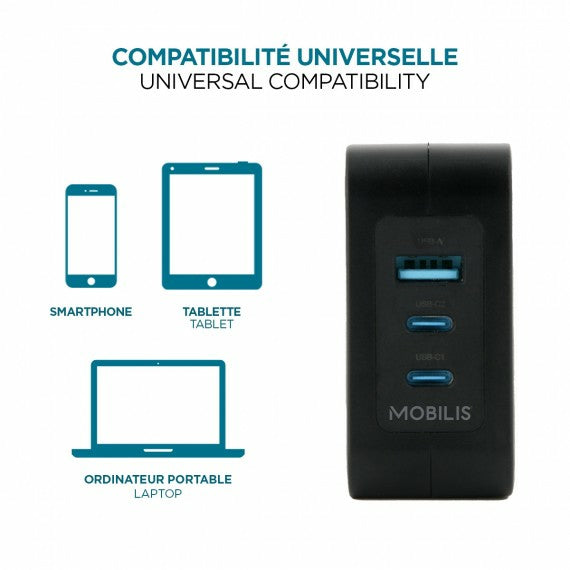 Mobilis Netzteil – 100 W, 2× USB-C + 1× USB-A, GaN, mit 2 m Kabel