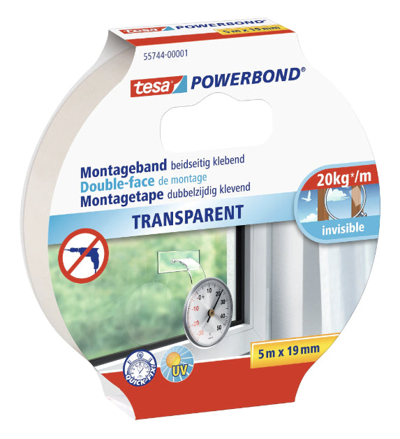 Tesa Powerbond Montageband, für Innen & Aussen, für Glas – 19 mm × 5 m, transparent, bis 20 kg