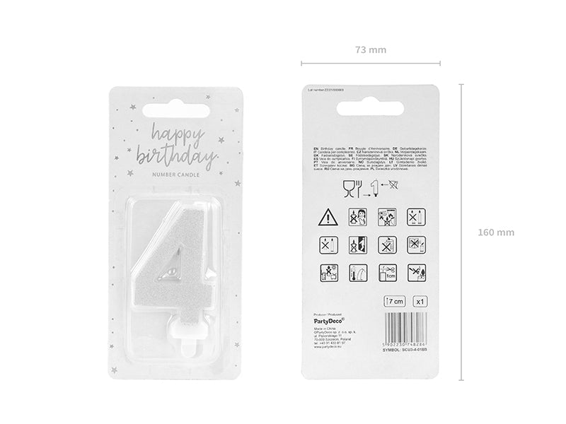 PartyDeco Geburtstagskerzen Zahl 4 – Silber – 4,5 × 7 cm – 1 Stk