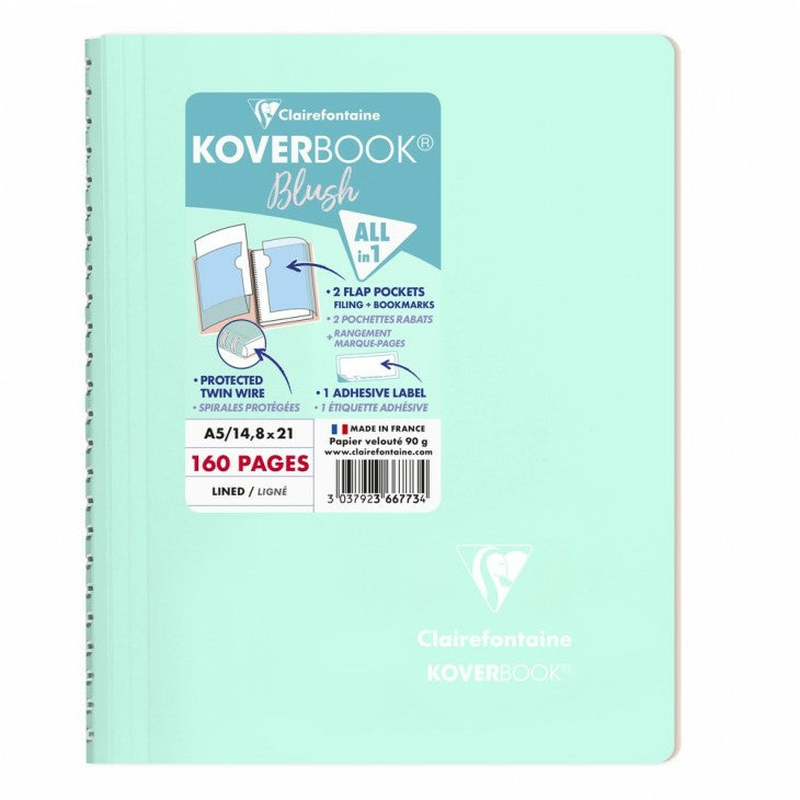 Clairefontaine Collegeblock – A5 – 90 g/m² – Doppelspirale, 2 Taschen, abgerundete Kanten, Mint, PEFC