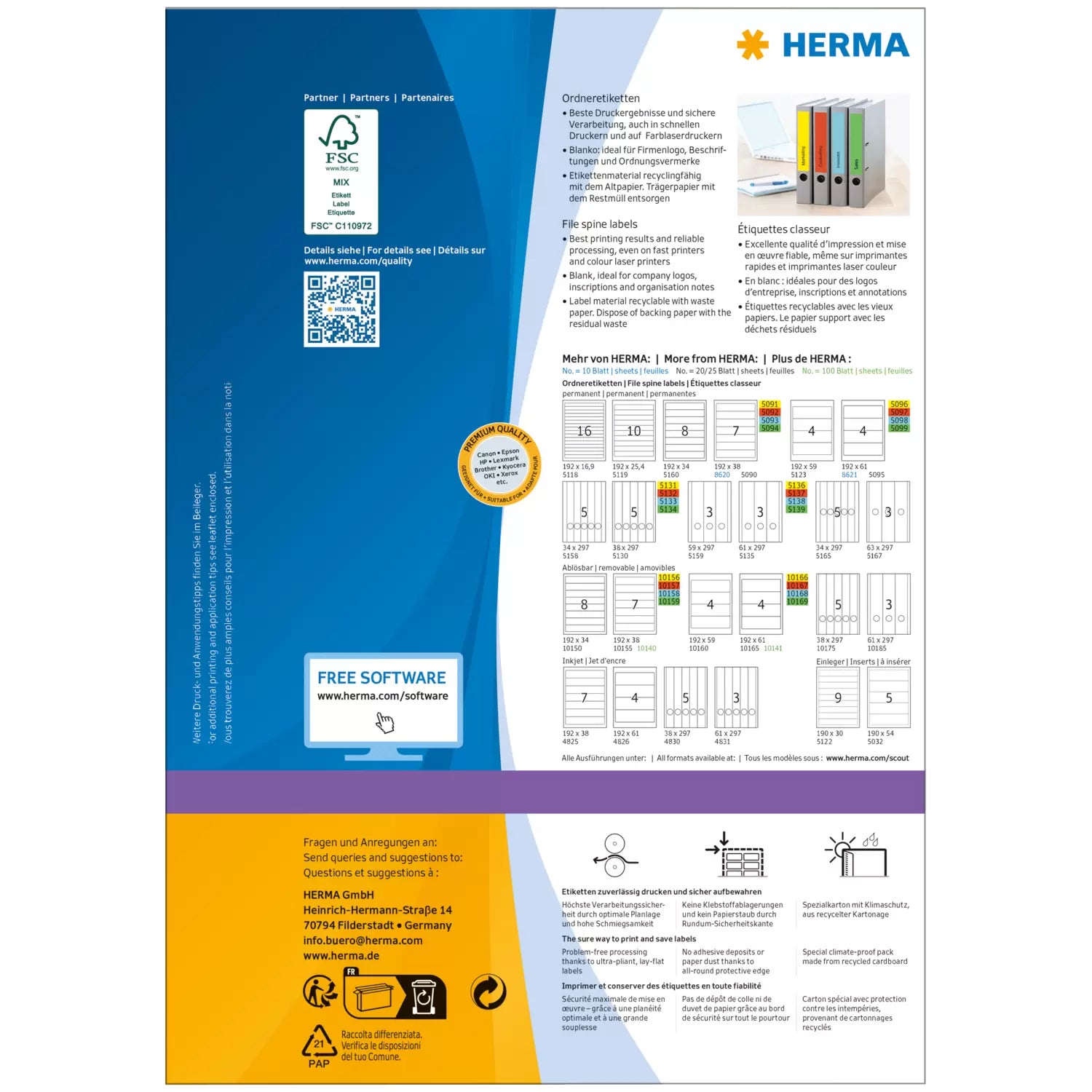 HERMA Ordneretiketten A4 192 × 61 mm – Papier, Gelb – Permanent haftend – 4 pro Blatt, 100 Blätter