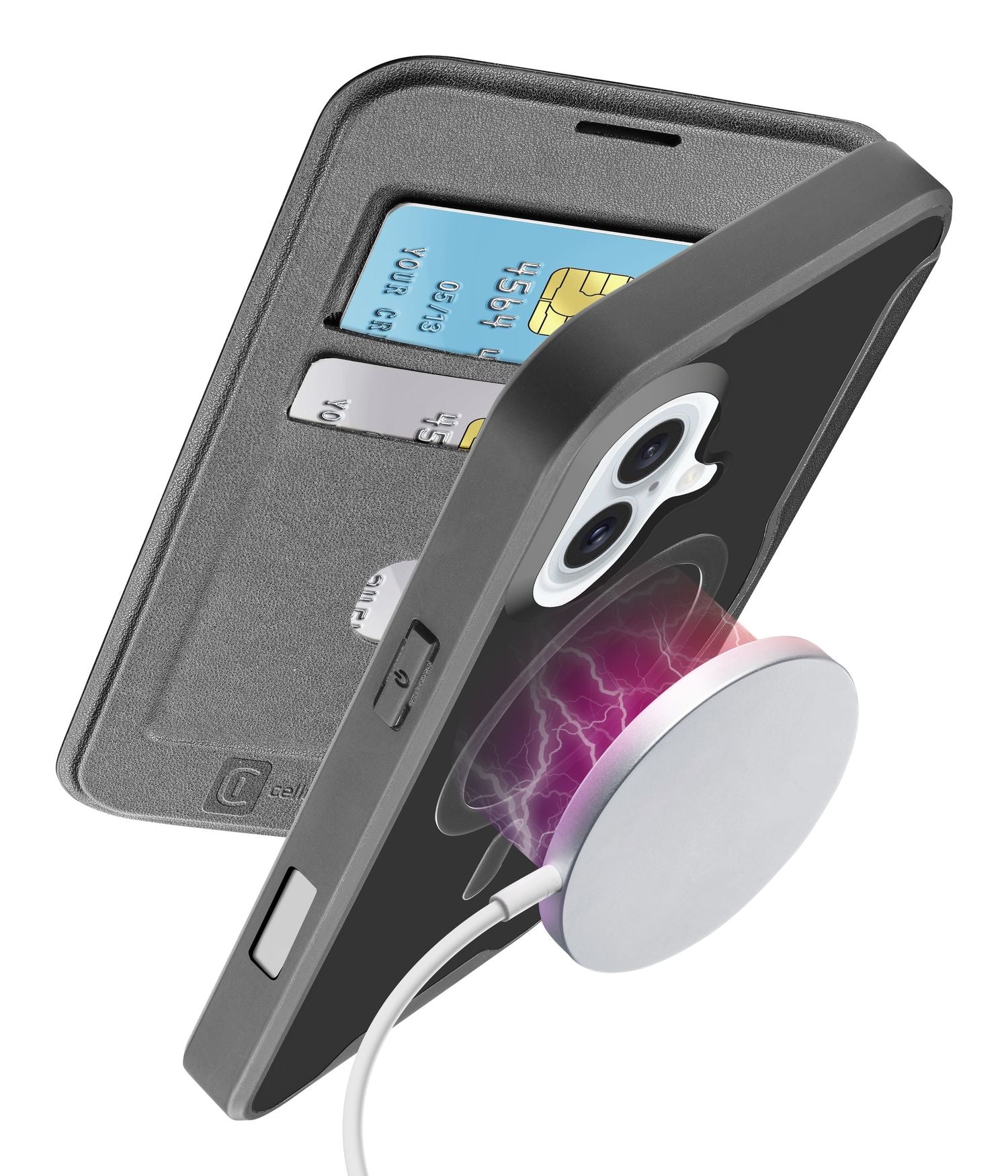 Cellularline Daily Mag Wallethülle – für Apple iPhone 16, MagSafe, 2 Kartenfächer, PU, Schwarz