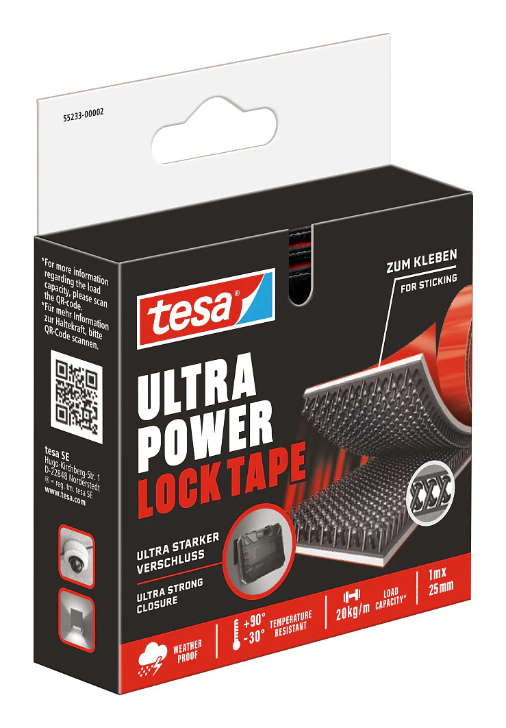 TESA Ultra Power Lock Klettband – 25 mm × 1 m, schwarz, selbstklebend, 1 Stück