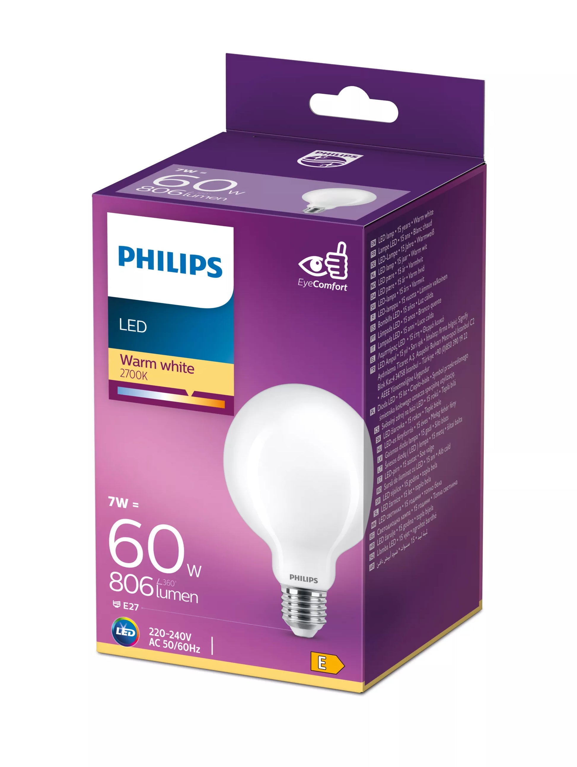 Philips by Signify Philips Leuchtmittel E27 G93 – Warmweiss 2700 K, 806 lm, 7 W – 1 Stk., Matt