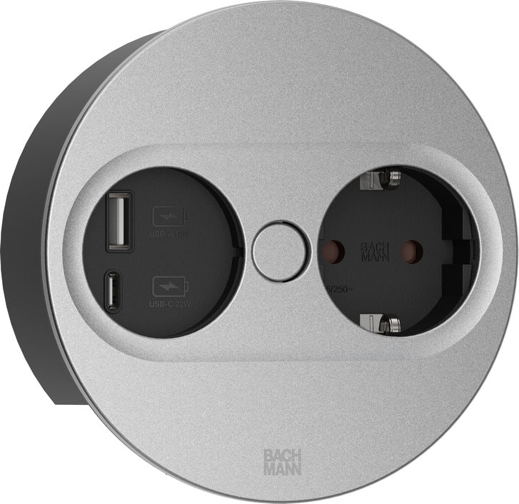 Bachmann TWIST 2 – Einbau-Anschlussfeld, 1× Schuko (Typ F), USB-A + USB-C, 22 W, 0,2 m, Stecker GST18