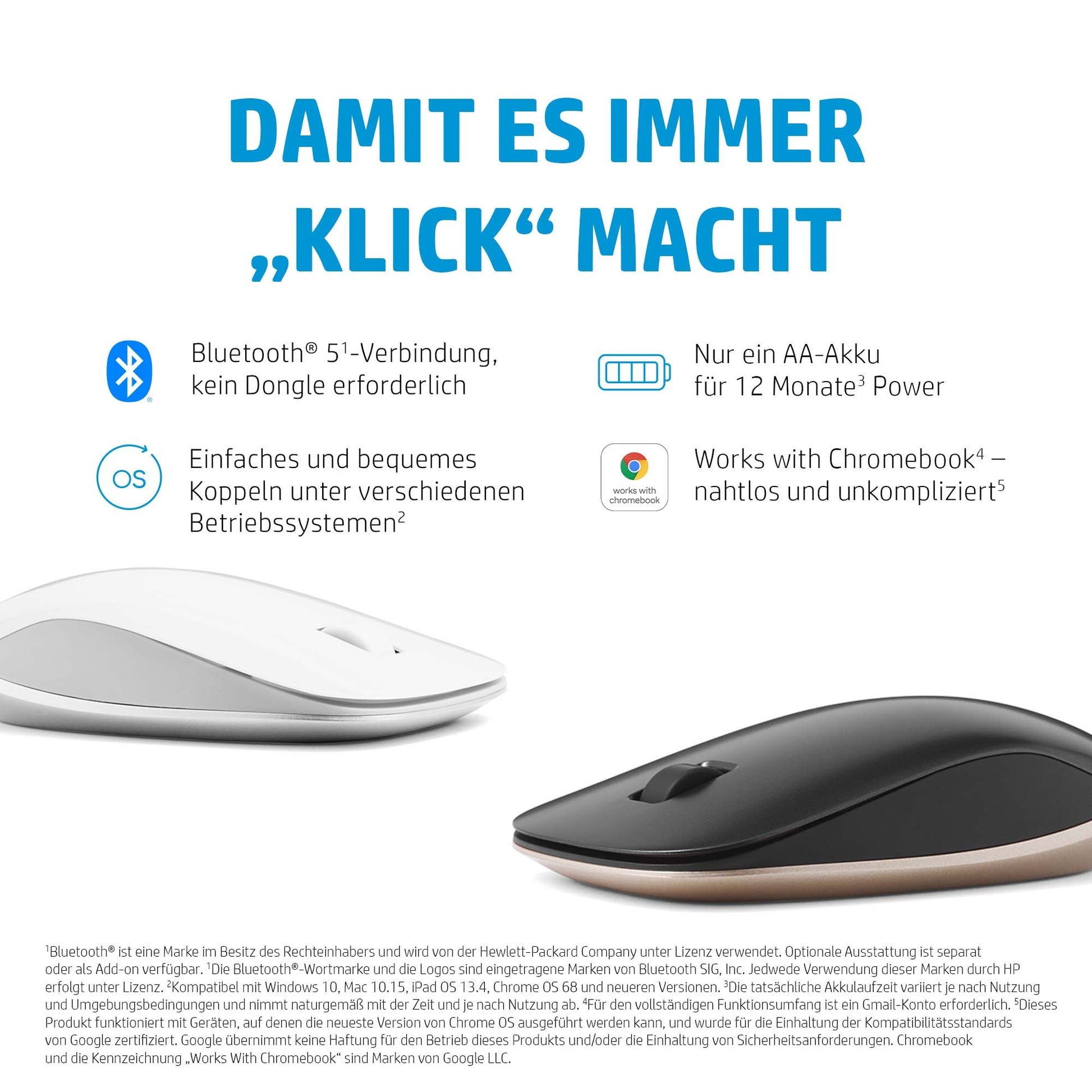 HP 410 Slim – Maus – Kabellos (Bluetooth), 2000 DPI, beidhändig, Schwarz, Silber