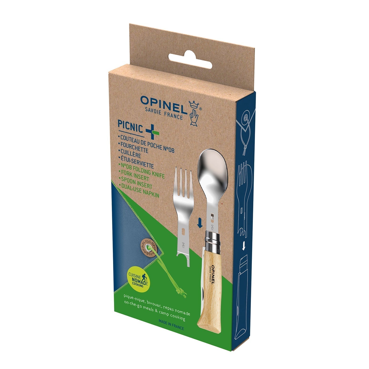 Opinel Picnic Plus Nr. 8 Lunchbox-Besteck – 19,3 cm, Edelstahl, Holzgriff, Braun
