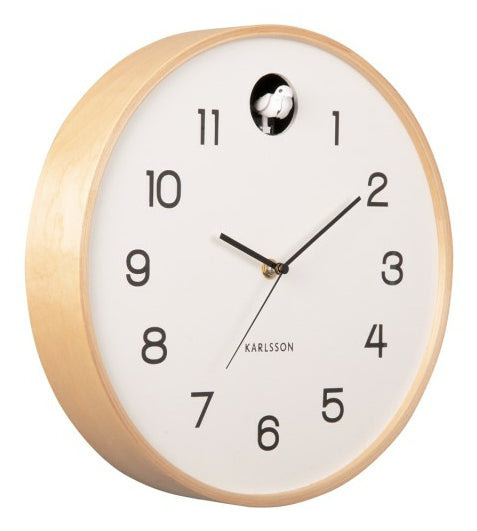 Karlsson Wanduhr Natural Cuckoo – Ø 31,5 cm, weiss, Birke