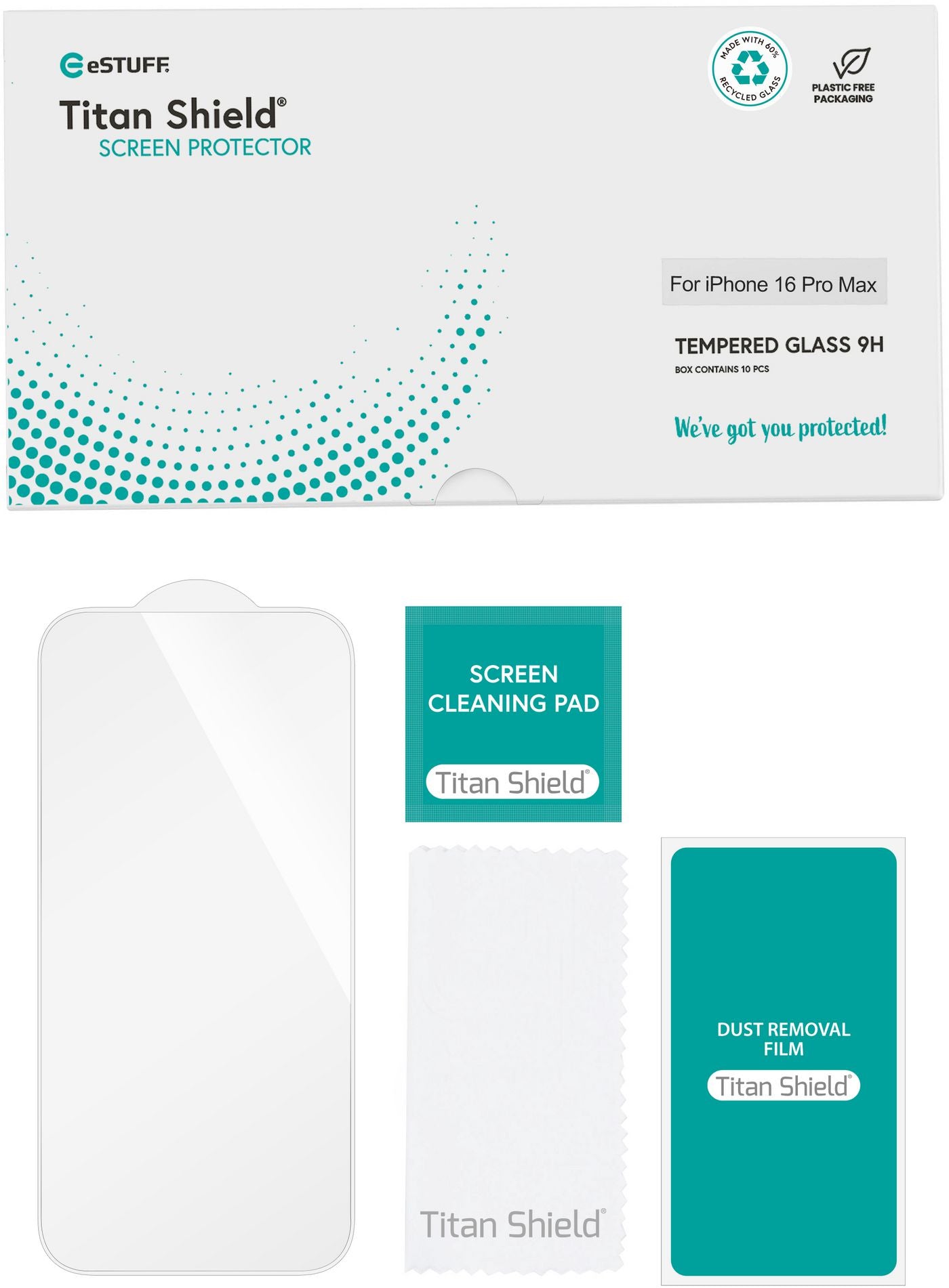 eSTUFF Panzerglas – für Apple iPhone 16 Pro – transparent – gehärtetes Glas, 10er-Pack