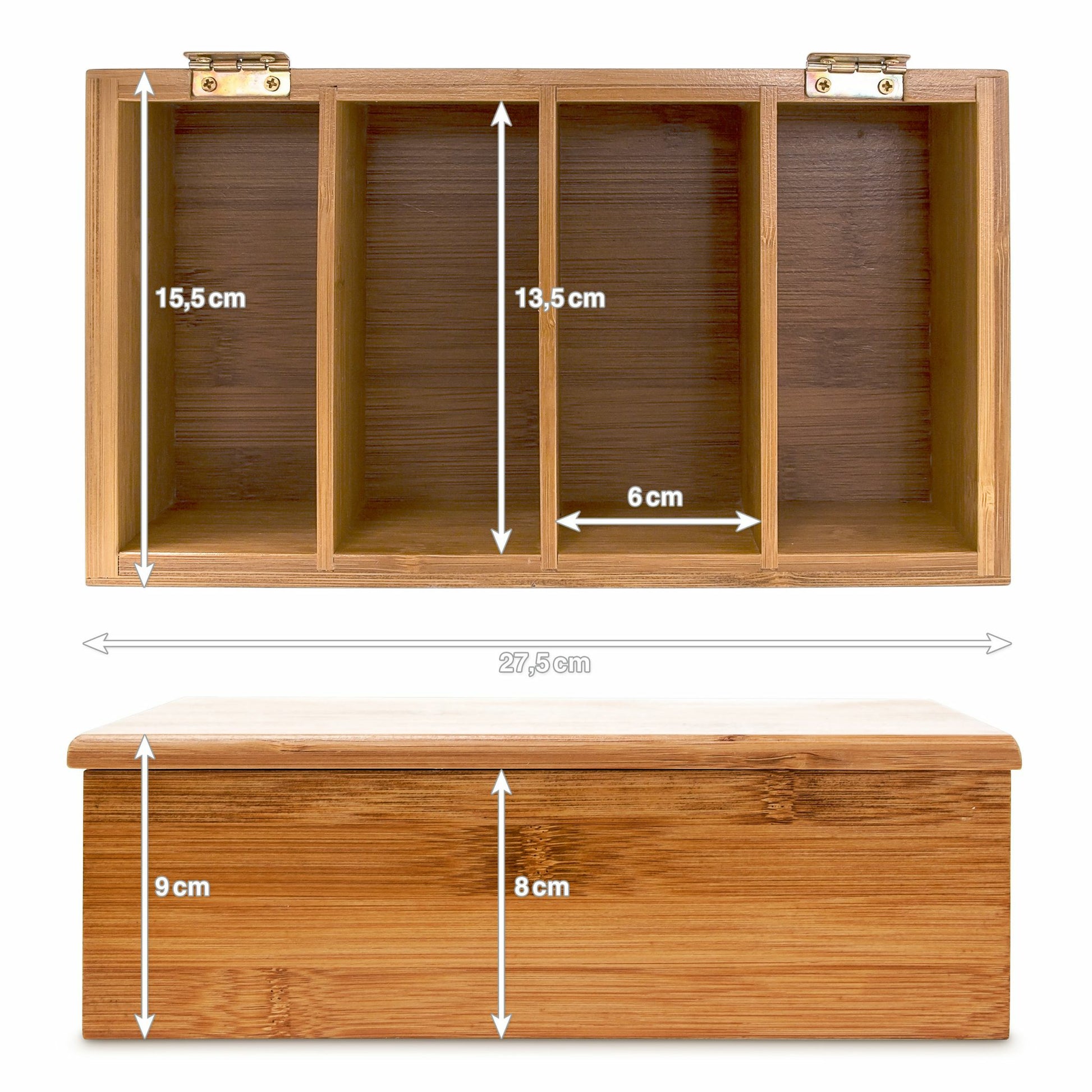 Relaxdays Teebeutelbox Bambus, 4 Fächer, 27,5 × 15,5 × 9 cm, Braun