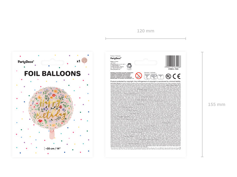 PartyDeco Folienballon Happy Birthday – Hellrosa – Ø 45 cm – Folie – 1 Stk
