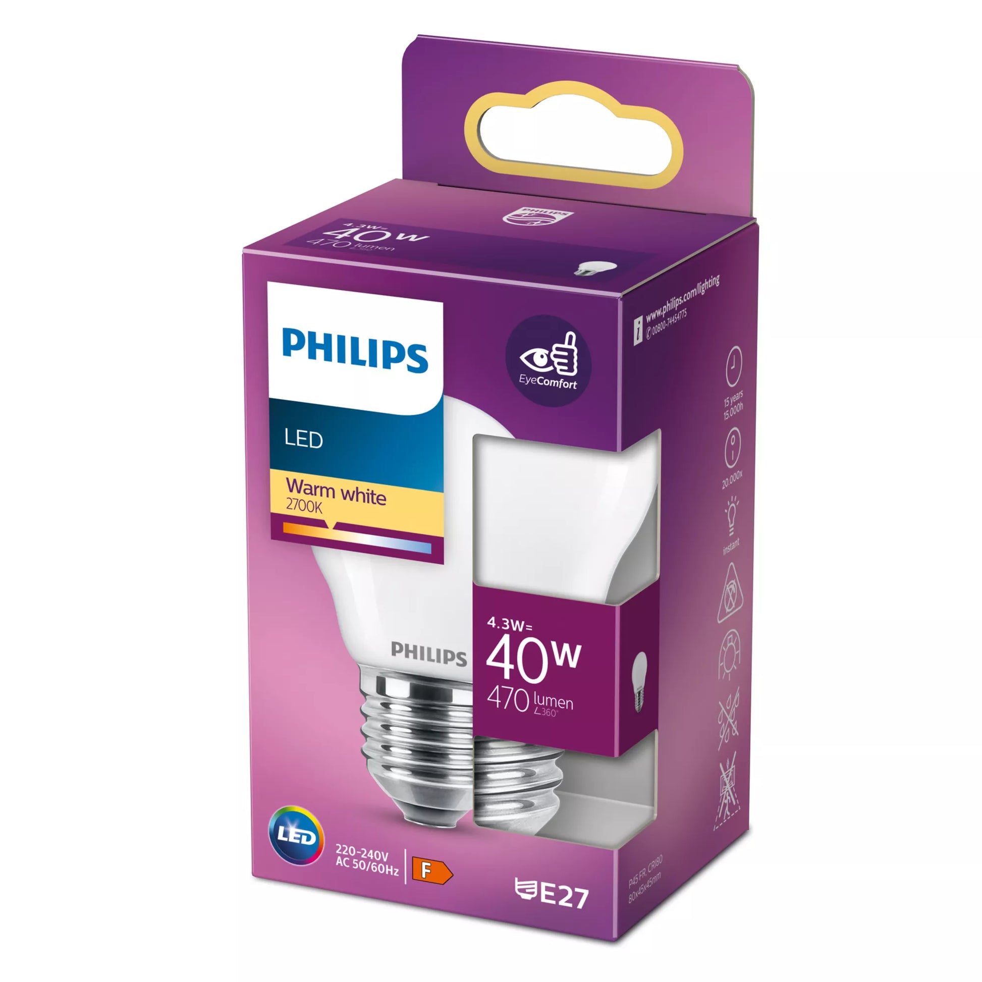 Philips by Signify Philips LED-Leuchtmittel E27 P45 – Warmweiss 2700 K, 470 lm, 4,3 W – 1 Stk.