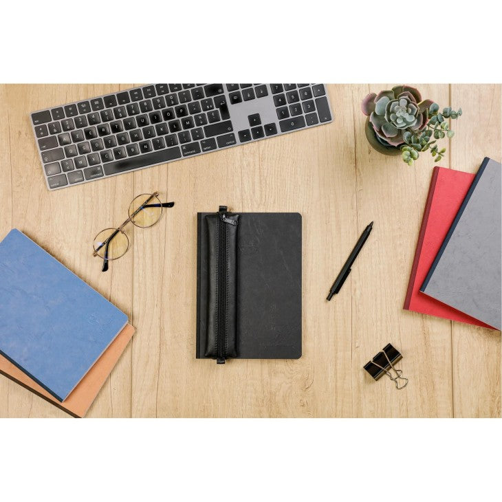 Clairefontaine Schlamperetui, leer, schwarz, Leder, 20 × 4,5 cm