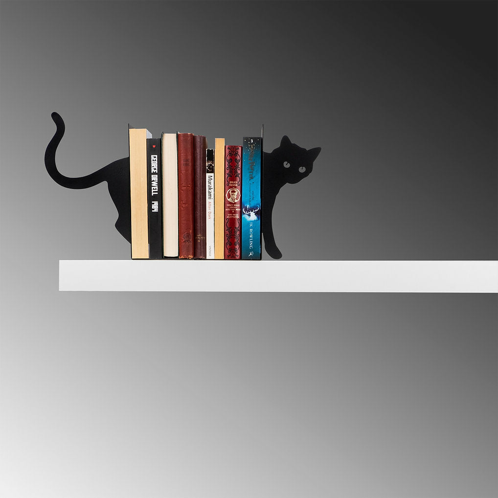 Wallxpert Katze Buchstützen – schwarz, Metall, B 350 × H 220 × T 140 mm