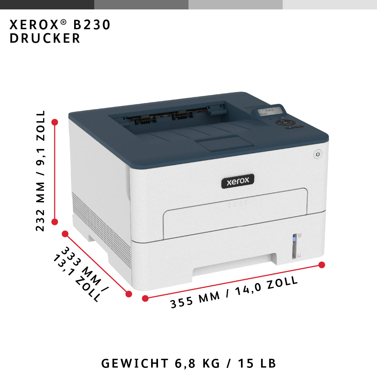 Xerox B230 – Schwarz-Weiss, A4, Duplex, WLAN, LAN, USB, 34 S./Min., AirPrint, Mopria