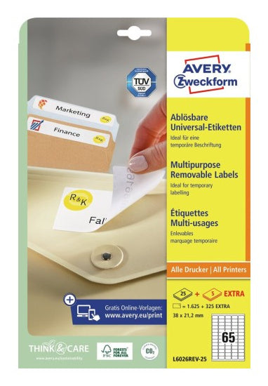 Avery Zweckform – Universal-Etiketten, 38 mm × 21 mm, weiss, Papier, wiederablösbar, 30 Blatt