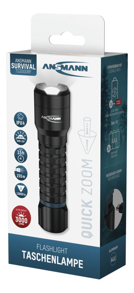 Ansmann Taschenlampe TS3000RF – 3'000 lm, 235 m, IPX4, USB-C, Akku 4'000 mAh – Schwarz