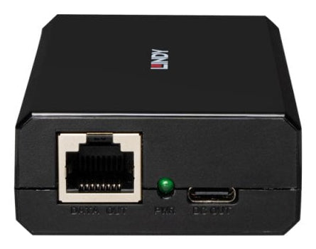 Lindy 73474 PoE zu USB-C Splitter – Gigabit, 1× USB-C (PD), 2× RJ-45 (1 In/1 Out), Schwarz
