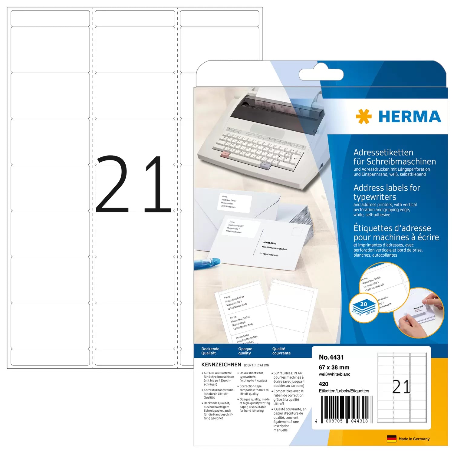HERMA Adressetiketten, korrigierbar – für Schreibmaschinen, bis 4 Durchschläge – 420er-Pack