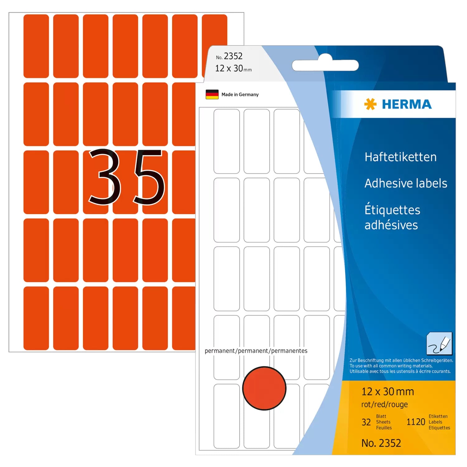 HERMA Haftetiketten – rechteckig 12 × 30 mm, permanent, rot, 111 × 170 mm, abgerundete Ecken, 32 Blatt (1'120 Stk)