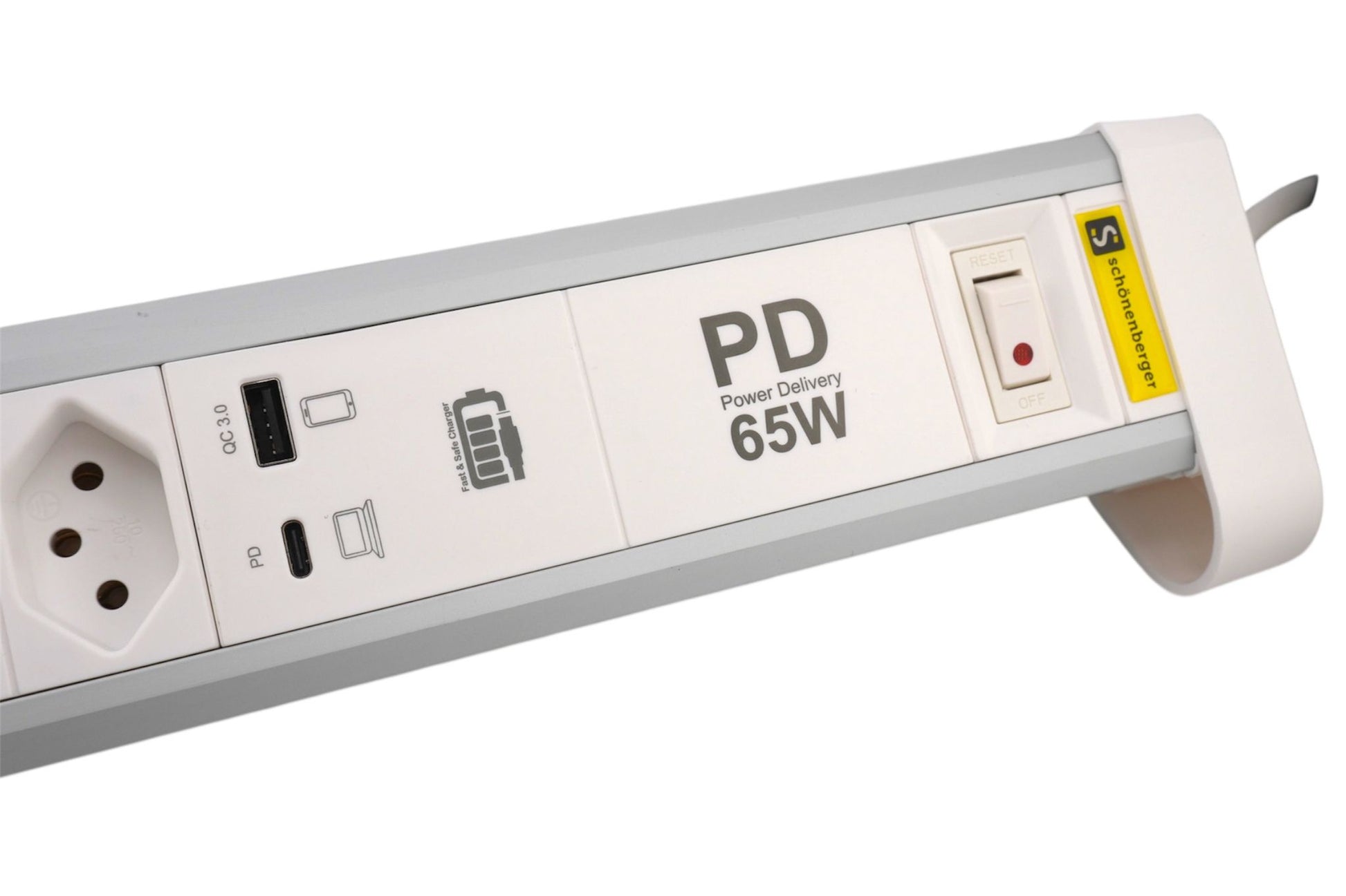 M. Schönenberger Schönenberger Tischsteckdosenleiste, 4×T13, 3×USB (65 W), 2 m, Aluminiumgehäuse, mit Schalter – Silber/Weiss
