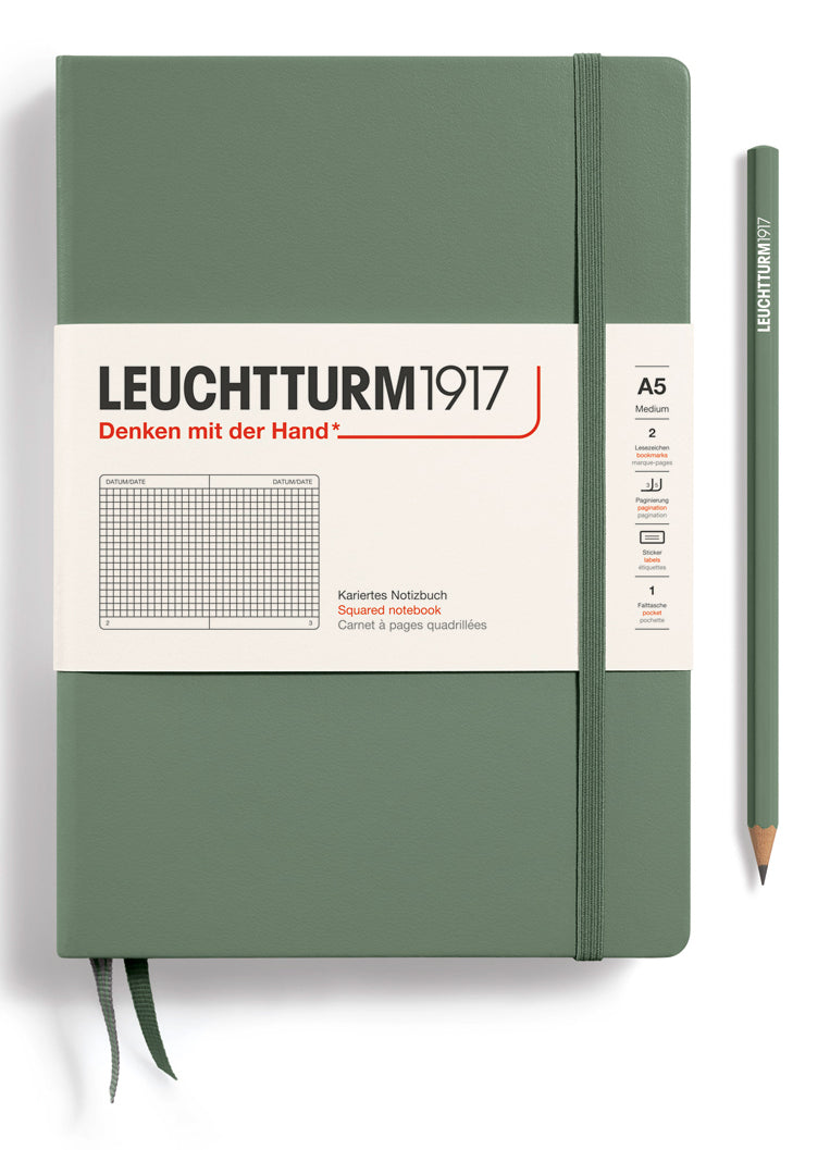 Leuchtturm Notizbuch – A5 – 251 Seiten – 80 g/m² – Hardcover, Gummiband, Einstecktasche, olivgrün, FSC