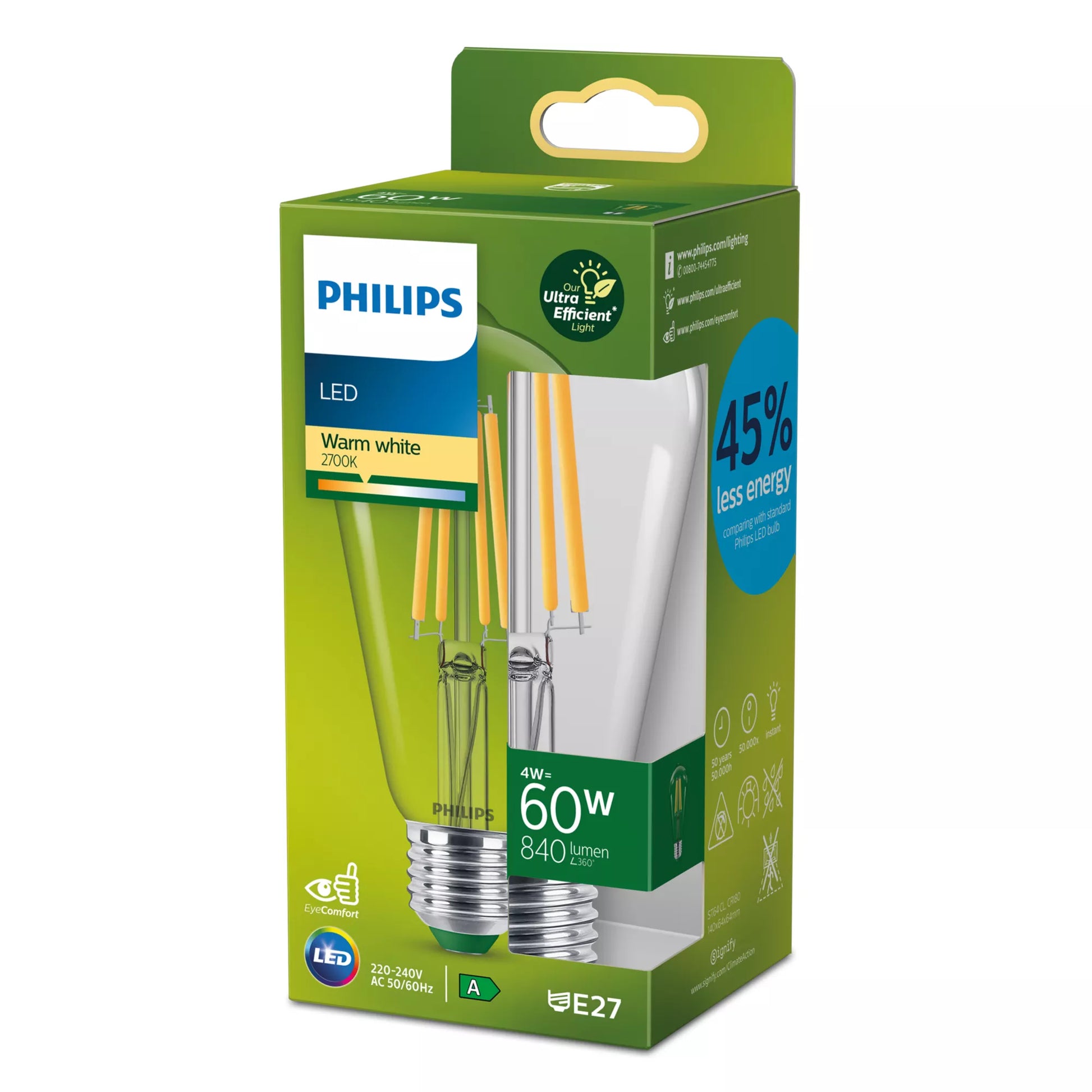 Philips by Signify Philips LED-Leuchtmittel E27 ST64 – Warmweiss 2700 K, 840 lm, 4 W – Transparent, 1 Stk.