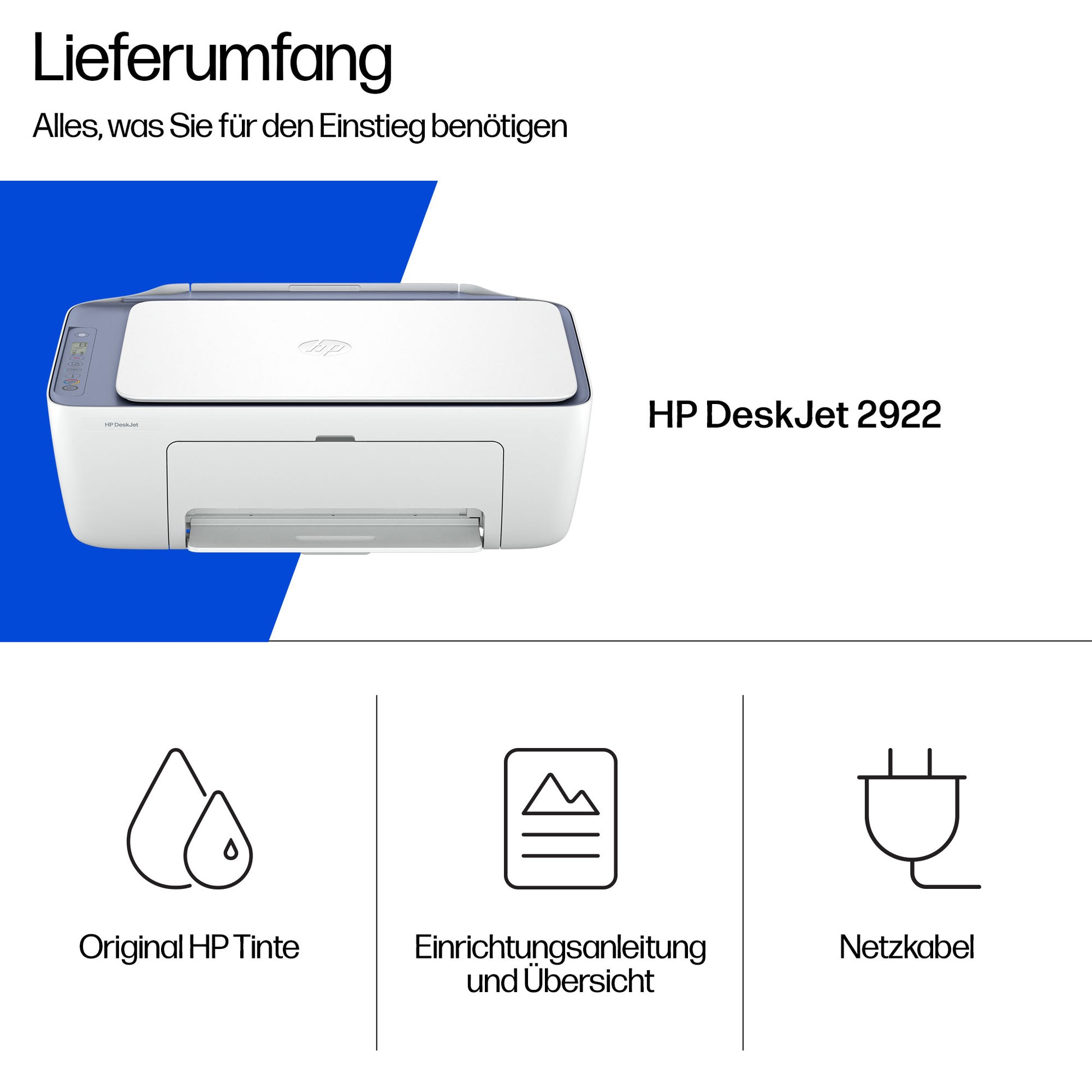HP DeskJet 2922 – Farbtintenstrahl-Multifunktionsdrucker, A4, 3-in-1, Duplex, WLAN, AirPrint, Mopria
