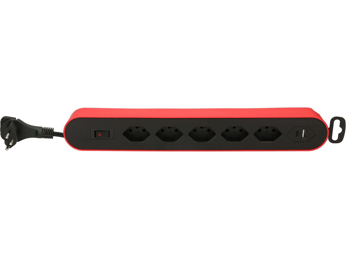 Max Hauri AG Steckdosenleiste, 5×T13, 1×USB-A + 1×USB-C, 17 W gesamt, mit Schalter, 2,2 m – rot/schwarz