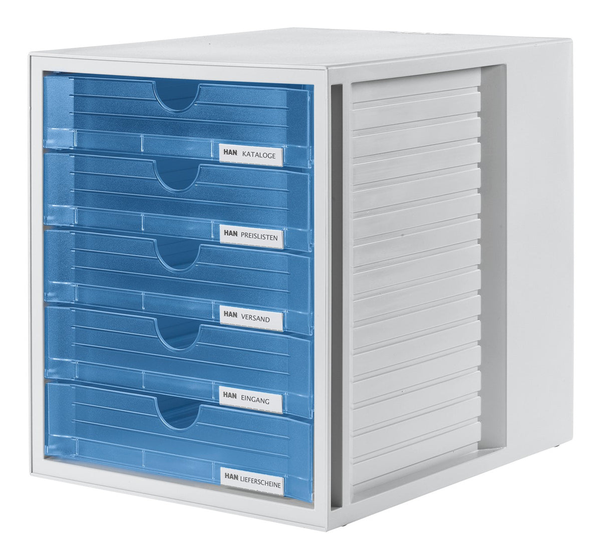 HAN Schubladenelement – 5 Schubladen, für A4, stapelbar, grau/blau, Polystyrol (PS), B 275 × H 320 × T 330 mm