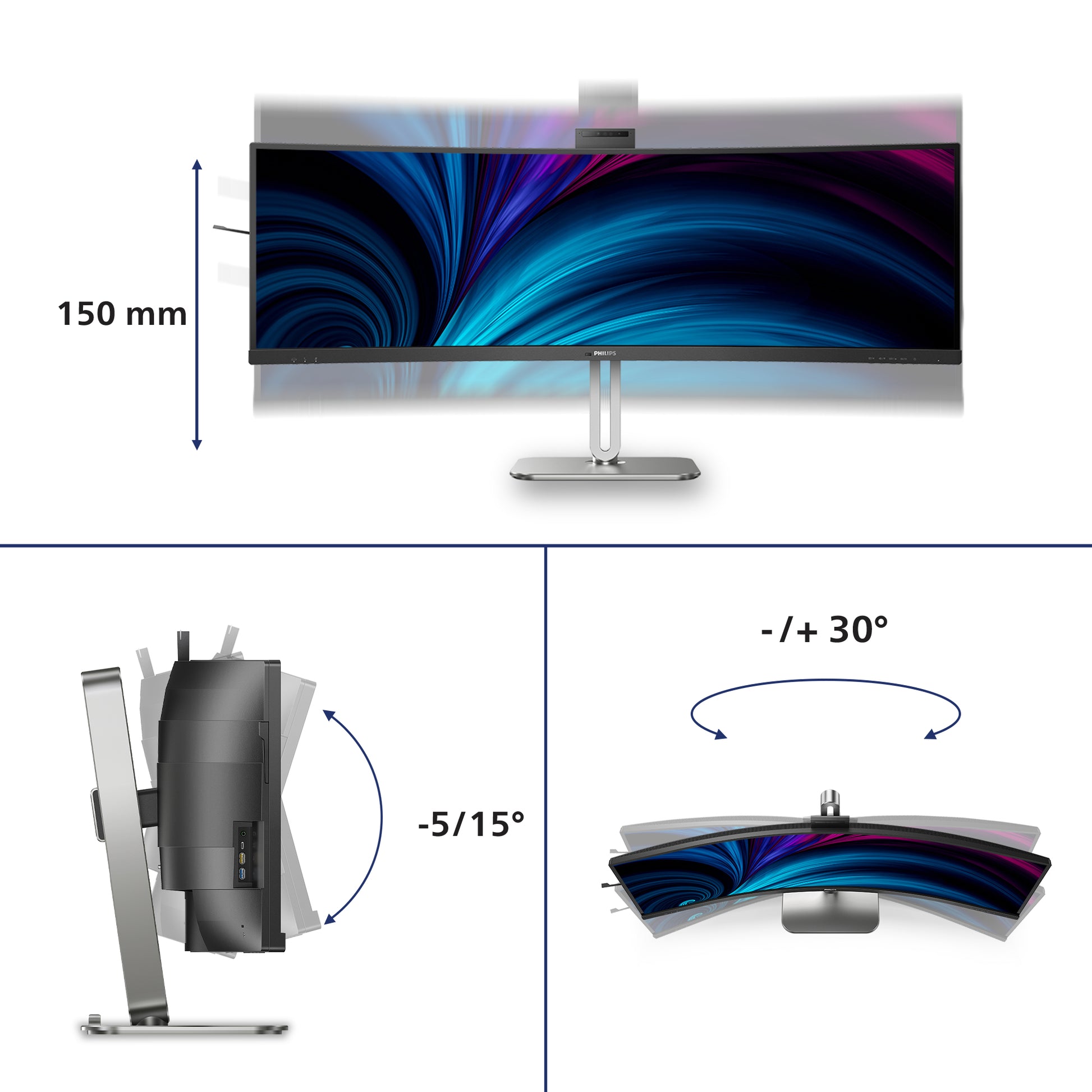 Philips 49B2U5900CH/00 – Monitor, 48,8", 450 cd/m², Gebogen, Webcam, KVM, USB-C, VESA 100 × 100, Schwarz