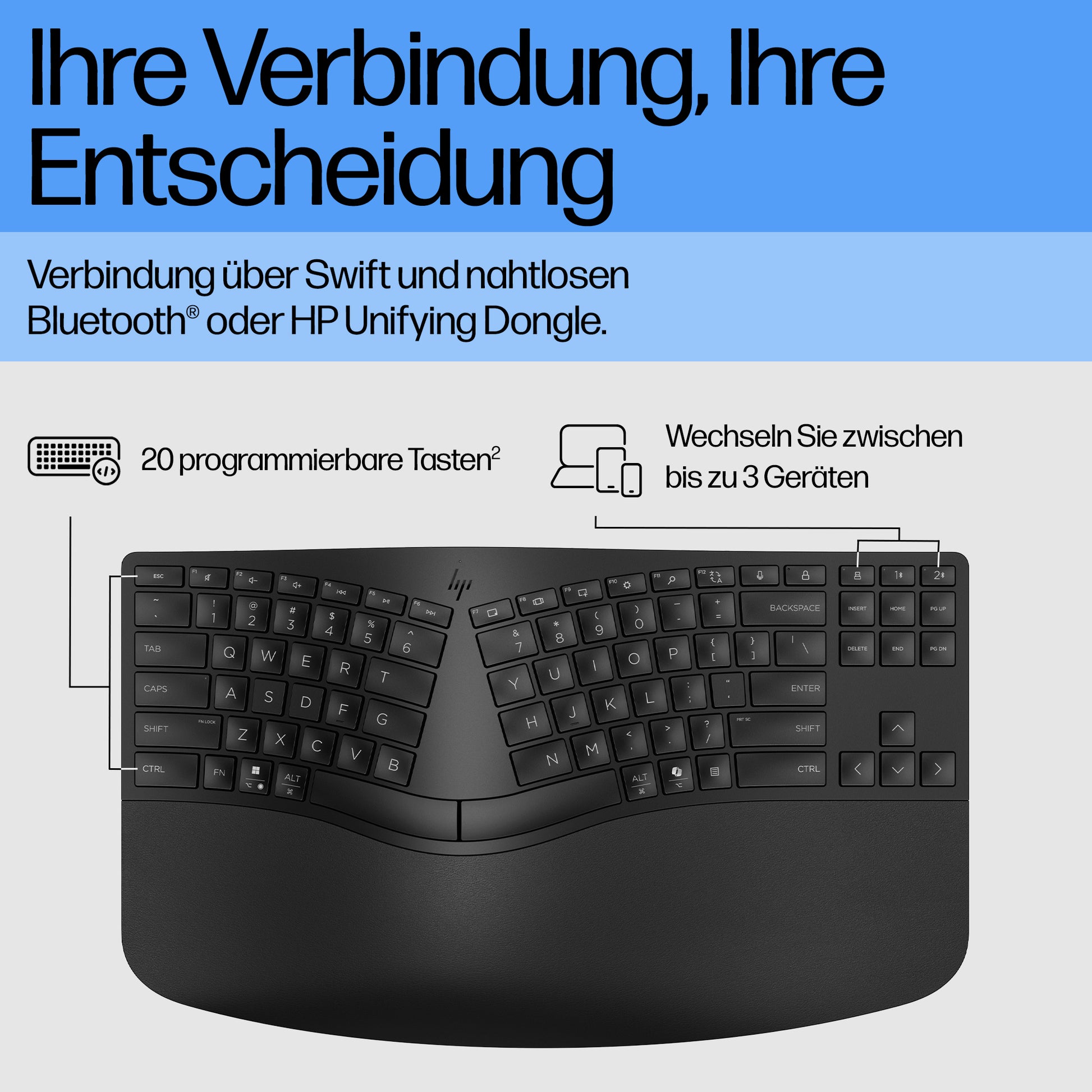 HP 960 Ergonomisch – Ergonomische Tastatur – Membran – Bluetooth & 2,4 GHz (USB-A Empfänger) – Schwarz