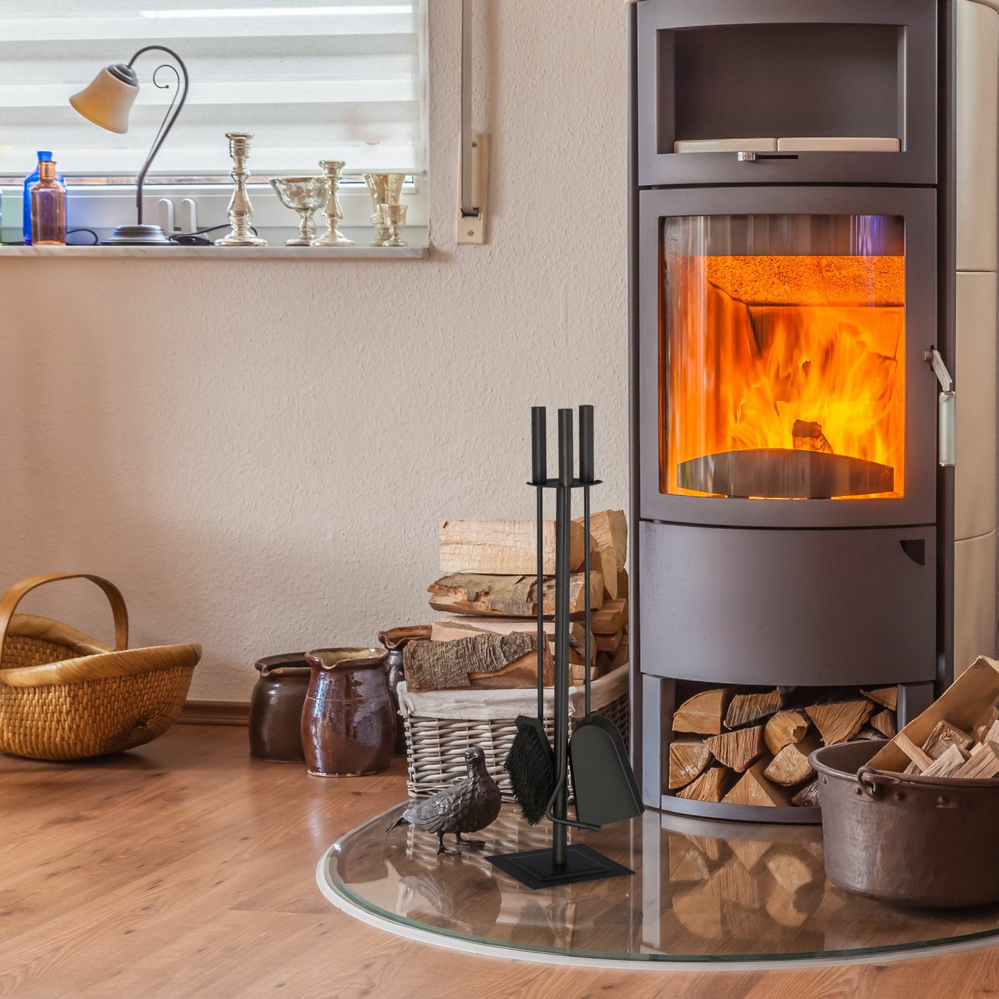 Relaxdays 10028775 Kaminbesteck 4-teilig – Stahl/Kunststoff/Holz – 150 × 610 × 150 mm