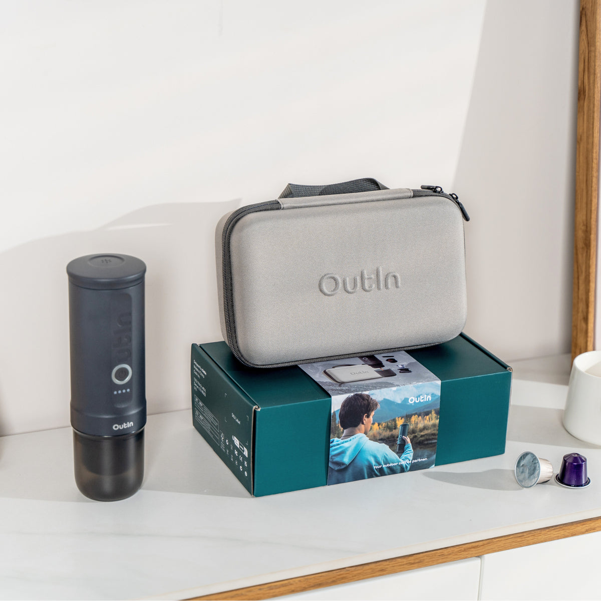 Outin OTEM-01-SG-Bag Kapselmaschine – 0,1 l, Grau, 29 × 17,5 × 9,7 cm