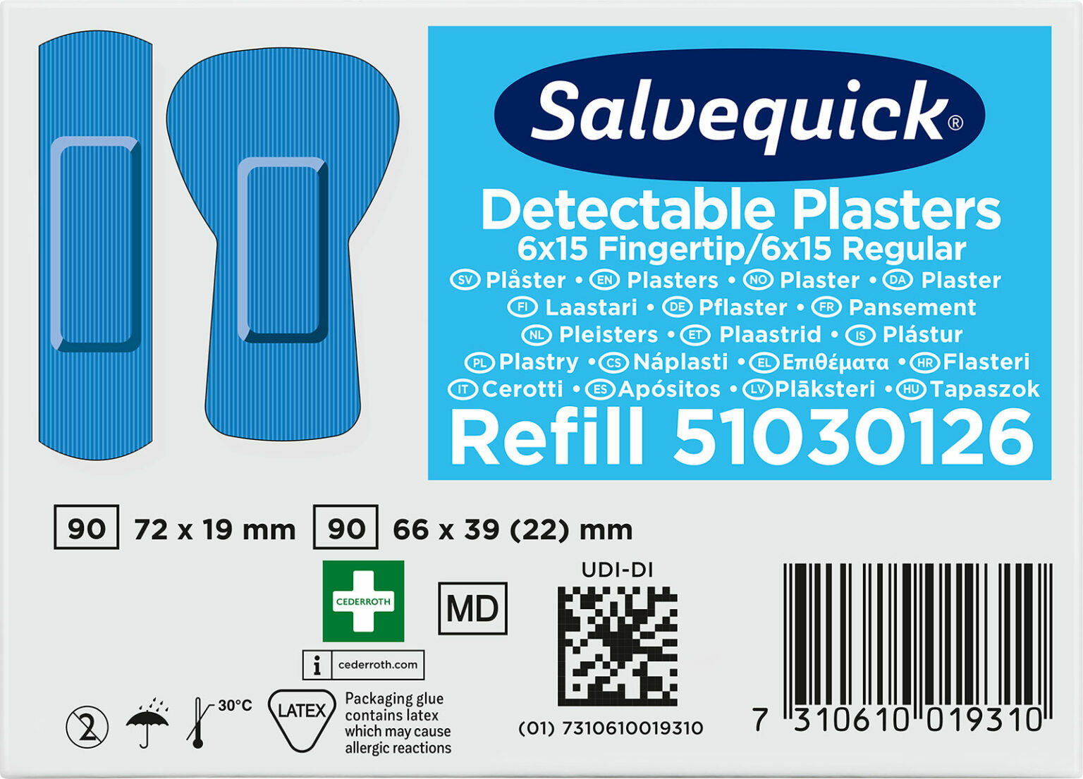 Cederroth Pflaster-Nachfüllpackung detektierbar, sortiert – 30 Stück, für Salvequick Spender, blau